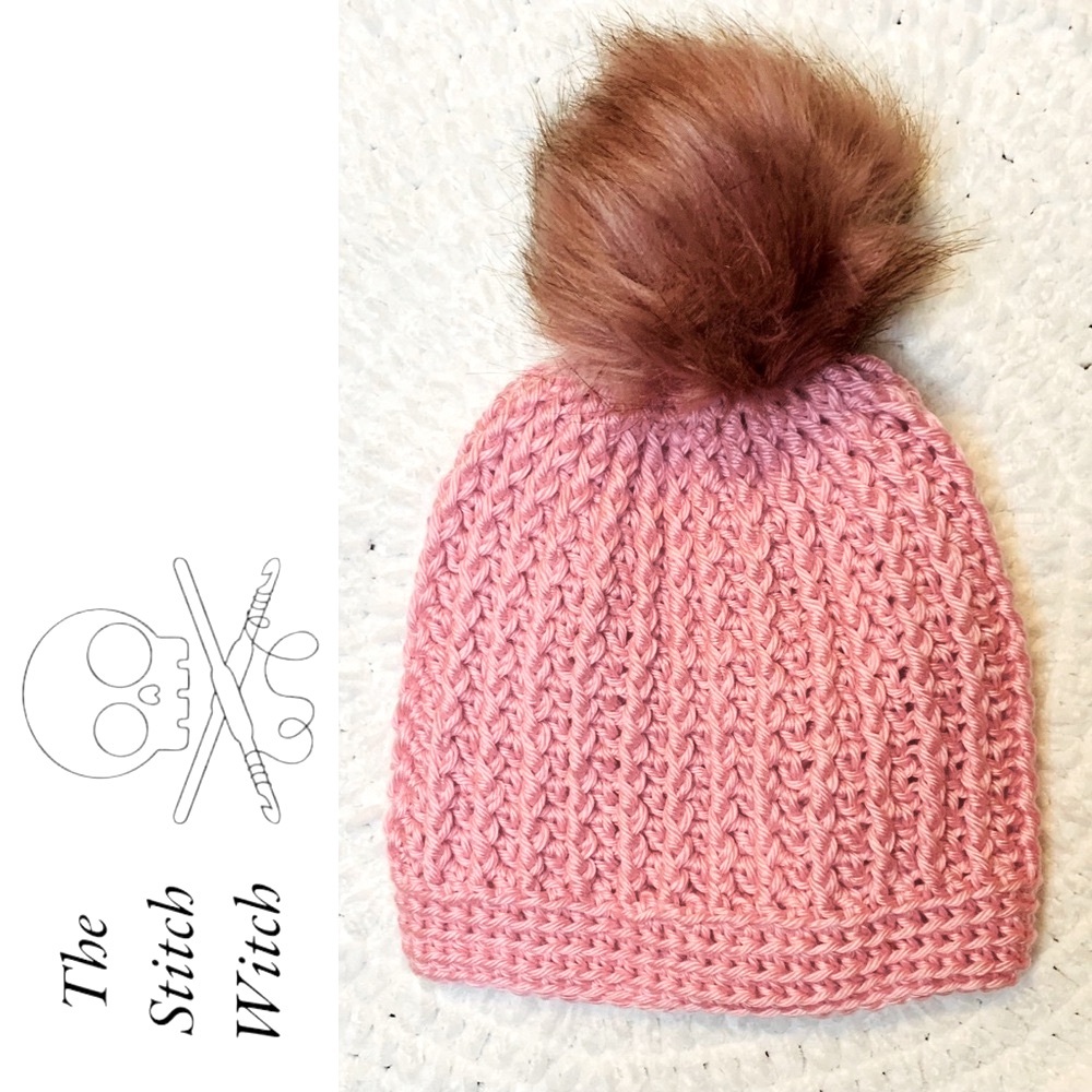 HAND CROCHETED Ribbed Super Warm Beanie with Faux Fur Pom Pom Rose Pink